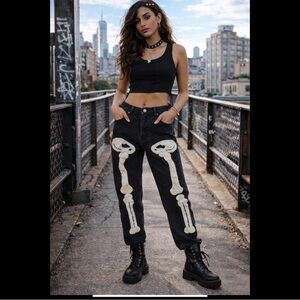🖤 Statement black jeans with raised fuzzy skeleton appliqué bold unforgettable